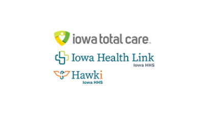 Logos of Iowa Total Care, Iowa Health Link, and Hawki health programs.