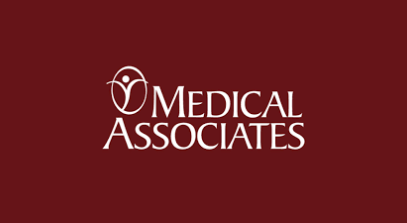 Logo of Medical Associates with a maroon background.