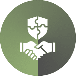 Shield with puzzle pieces above handshake symbolizing collaboration and protection.