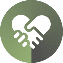 Two hands shaking in a heart shape symbolizing care and connection.