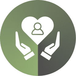 Hands holding a heart with a user icon inside, symbolizing care and support.