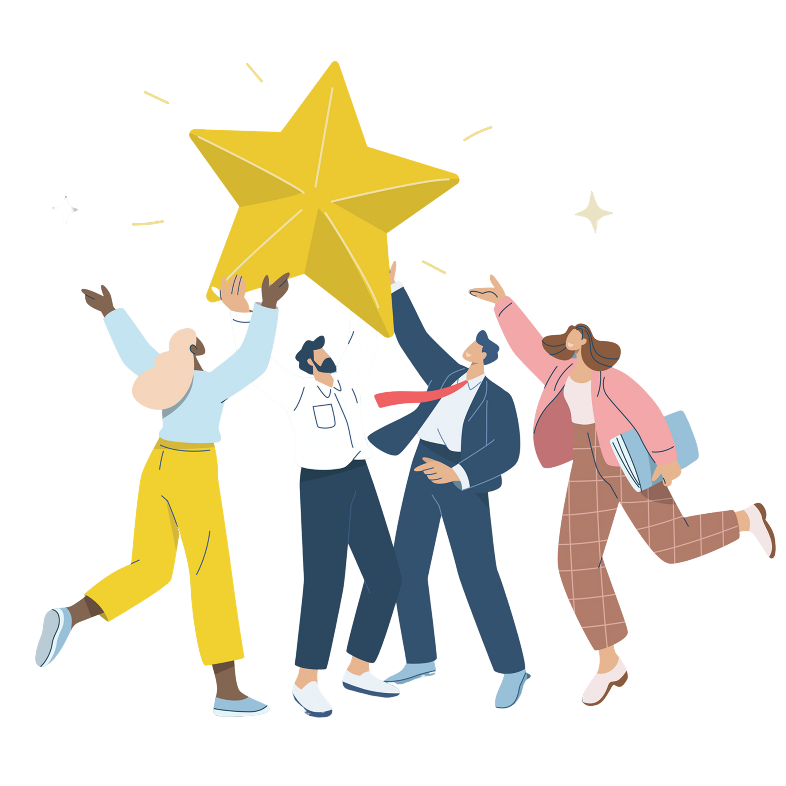 Four people celebrating with a large golden star.