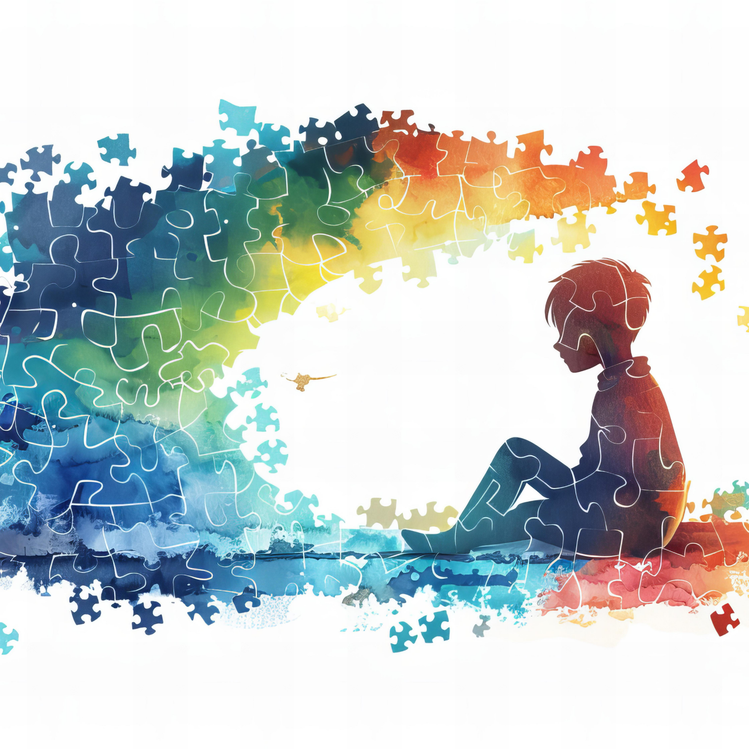 A child-shaped silhouette made of puzzle pieces in vibrant colors.