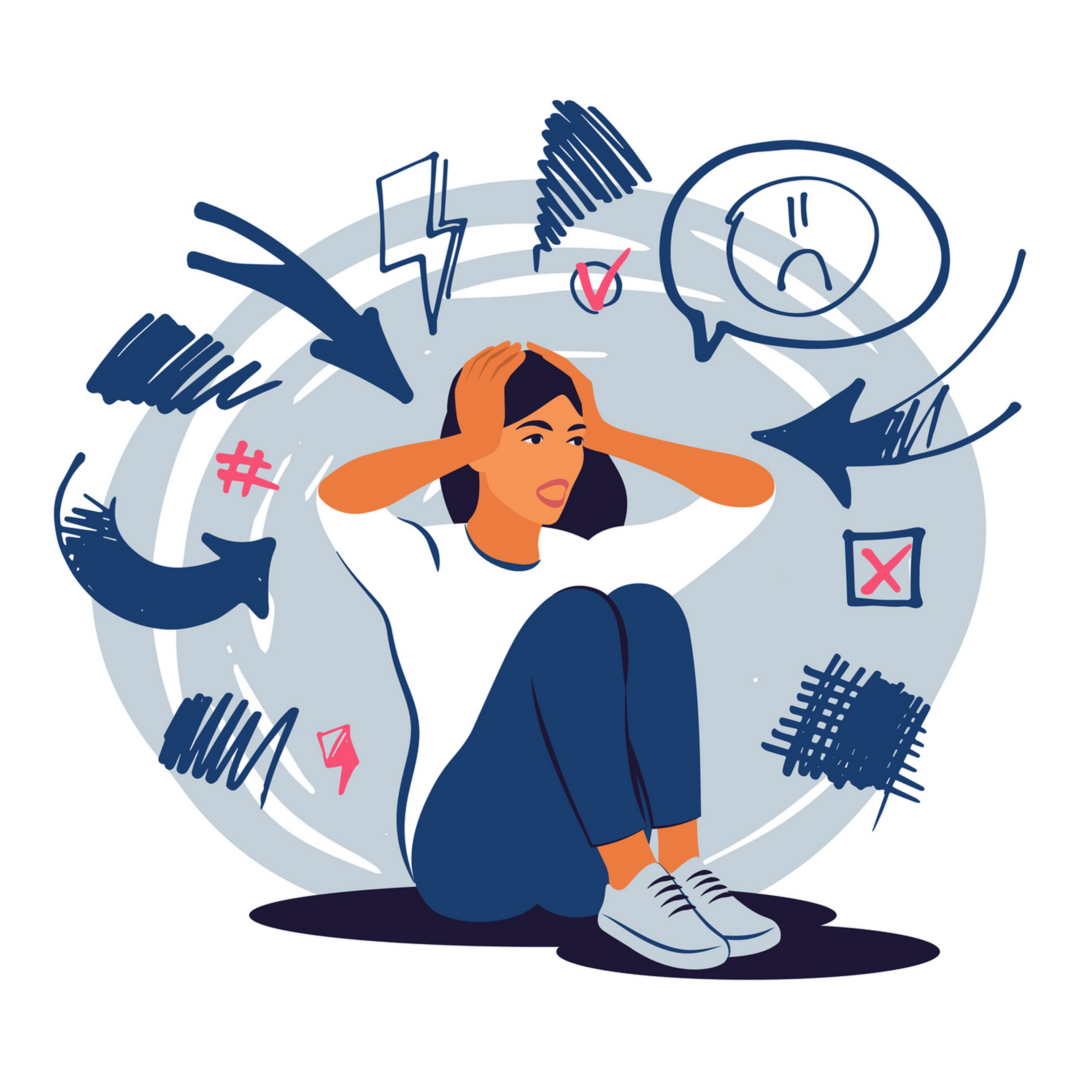 A person overwhelmed by stress and negative thoughts.