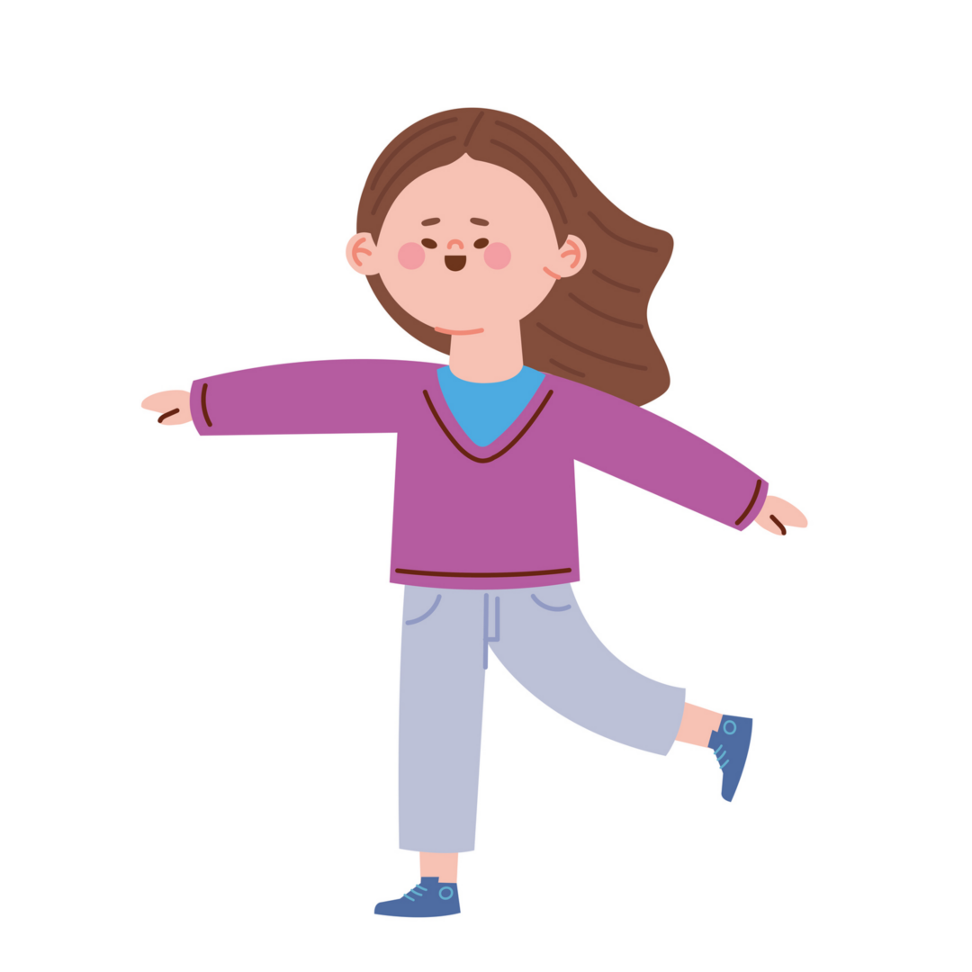 A happy girl balancing on one foot with arms outstretched.