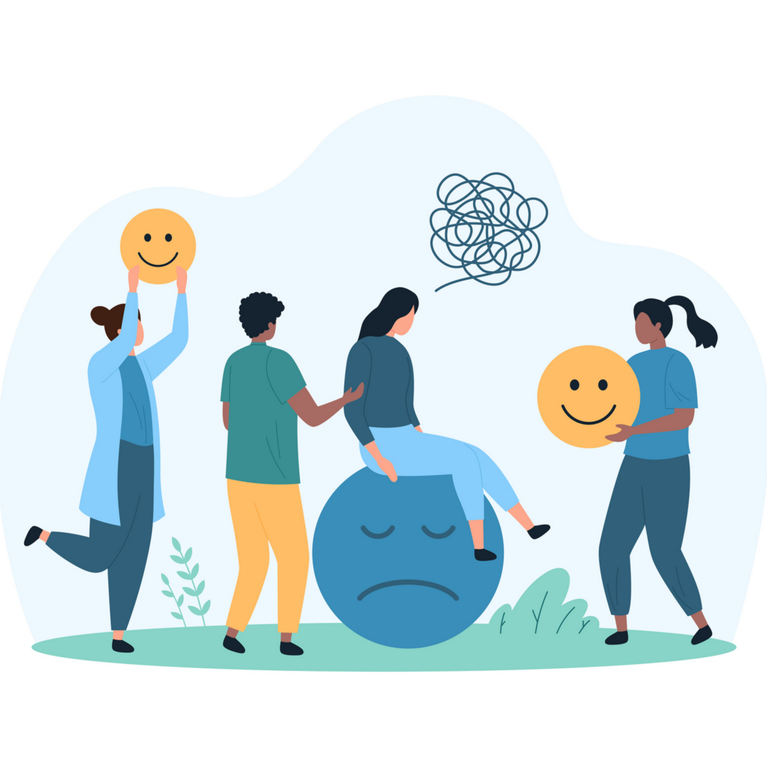People supporting mental health with smiles and empathy.