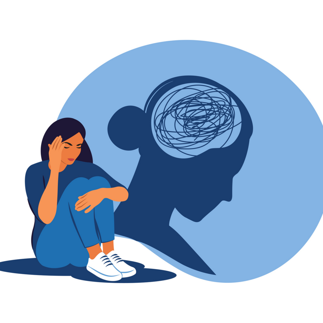 A woman sitting with a troubled mind symbolized by a shadow with a tangled scribble.