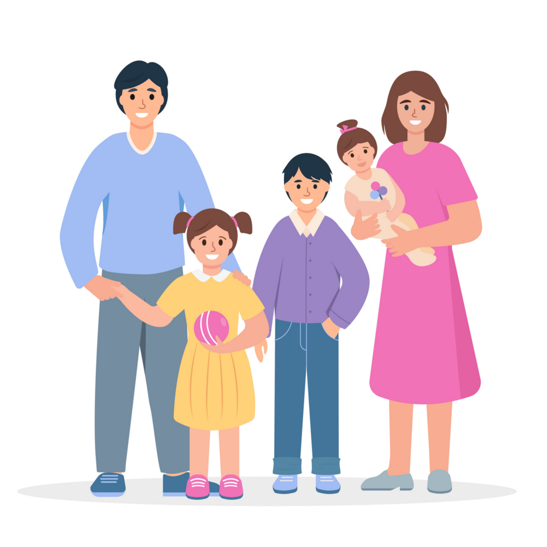 A happy family of five posing together.