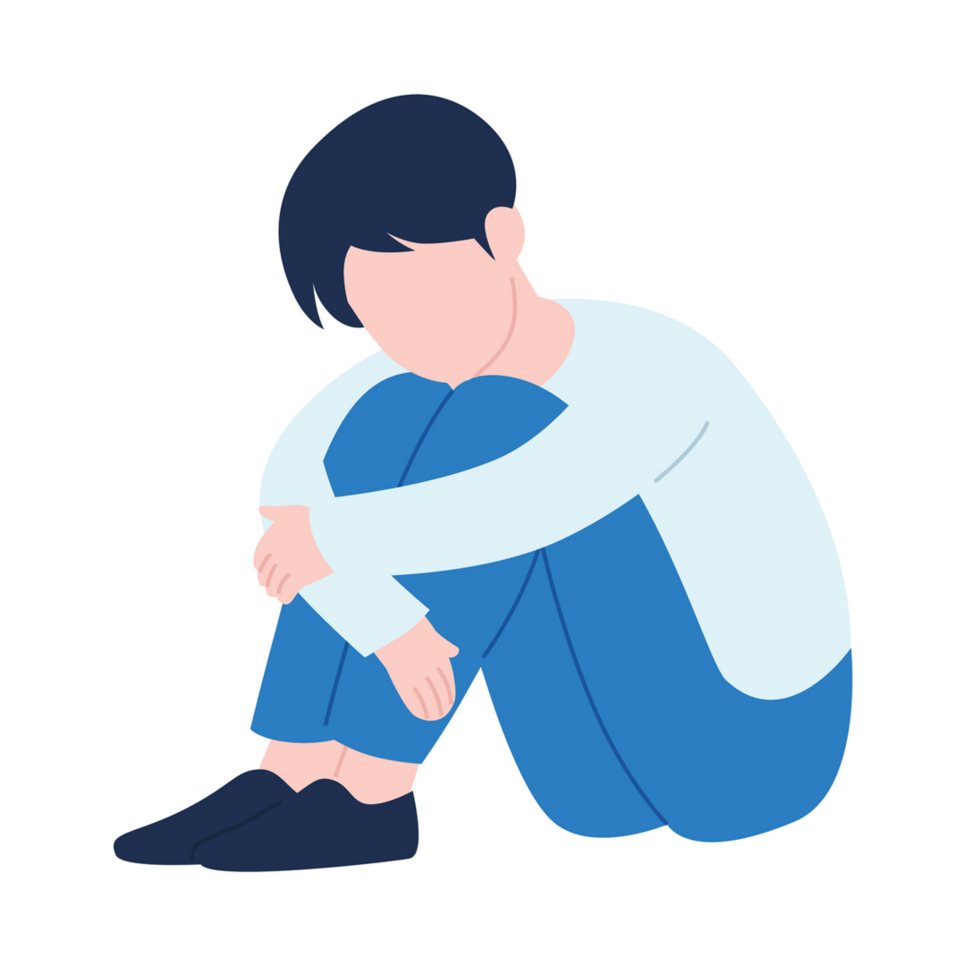 Illustration of a person sitting with knees hugged, appearing sad or contemplative.
