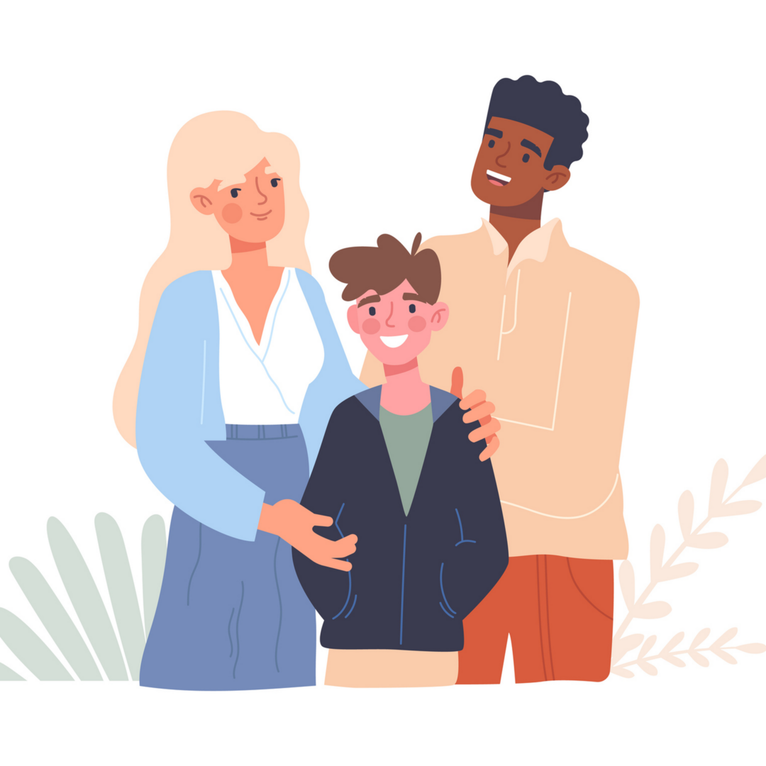 A happy family portrait with parents and their child smiling together.