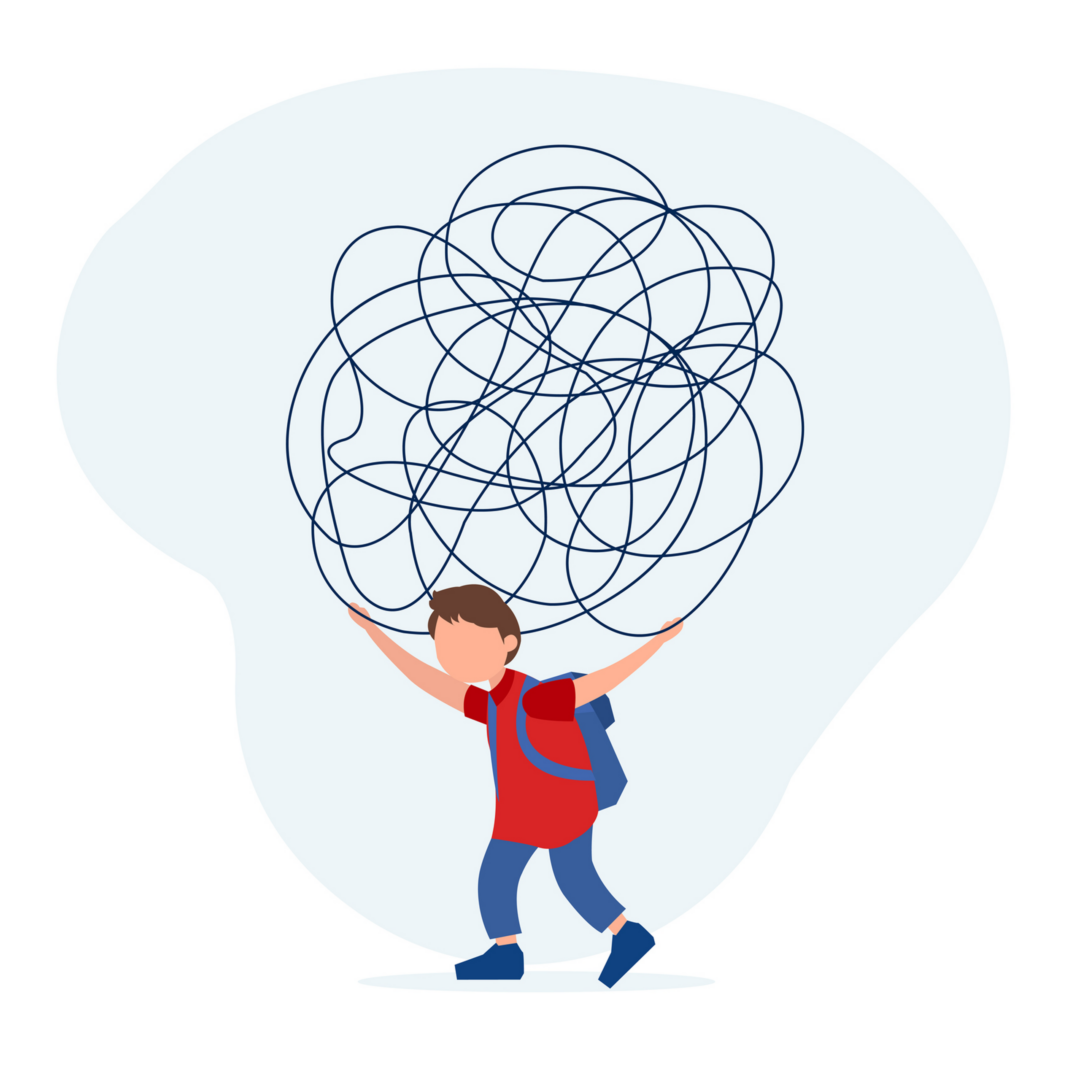 A frustrated boy tangled in a chaotic scribble representing confusion.