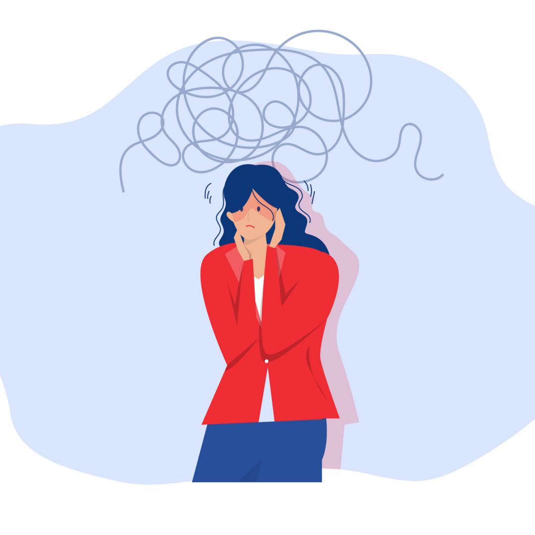 A woman overwhelmed by stress, depicted with tangled lines above her head.