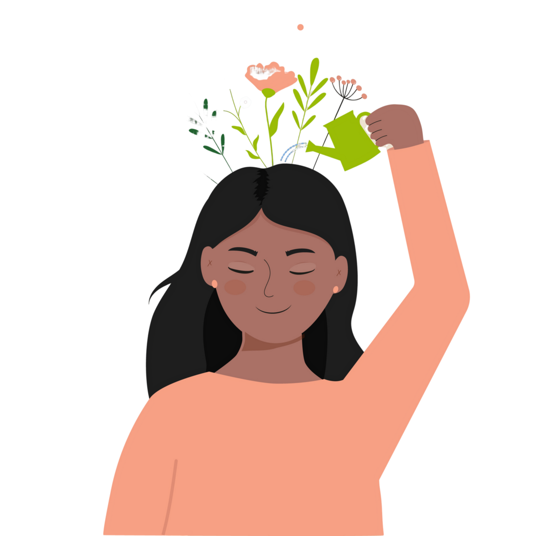 A woman with closed eyes and plants growing from her head.