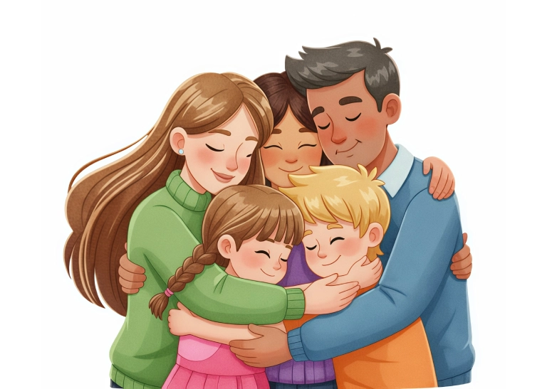 A family of four sharing a warm group hug with smiles.