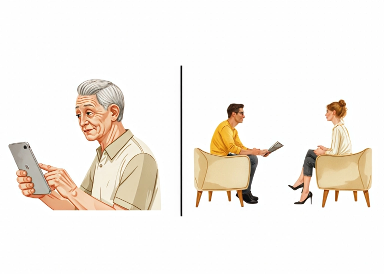 Older man reminiscing with a photo; therapist and patient in counseling session.