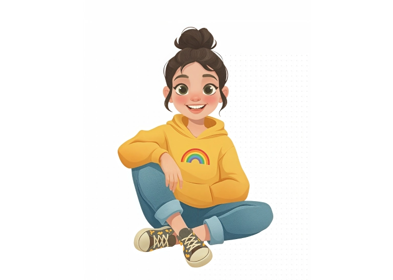 Illustration of a cheerful girl in a yellow hoodie with a rainbow design, sitting cross-legged.