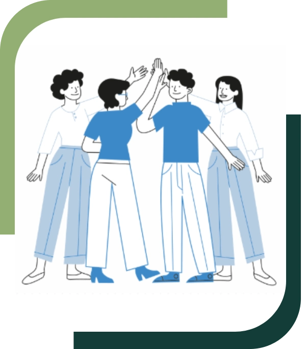 Four women celebrating with high-fives, dressed in blue and white.