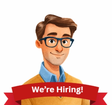 Illustration of a man with glasses and a We're Hiring banner.