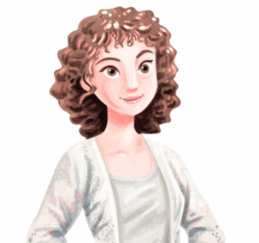 Illustration of a woman with curly hair and a white top.